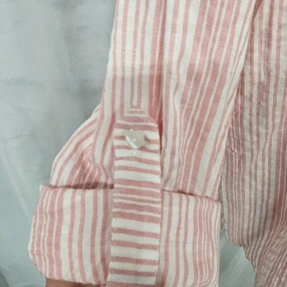 Jane + Delancey Pink White Striped Roll Tab Hi-low Blouse Beach Summer M - Picture 5 of 13